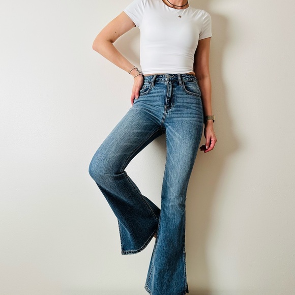 Willow & root the flared out high rise blue denim jeans side slits - Picture 1 of 14